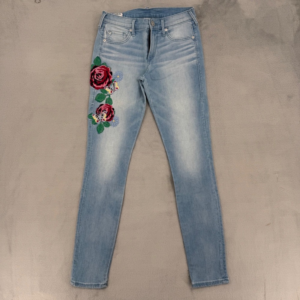 True Religion Halle Super Skinny Jeans Womens 25 Light Wash Floral Embroidered - Picture 2 of 16